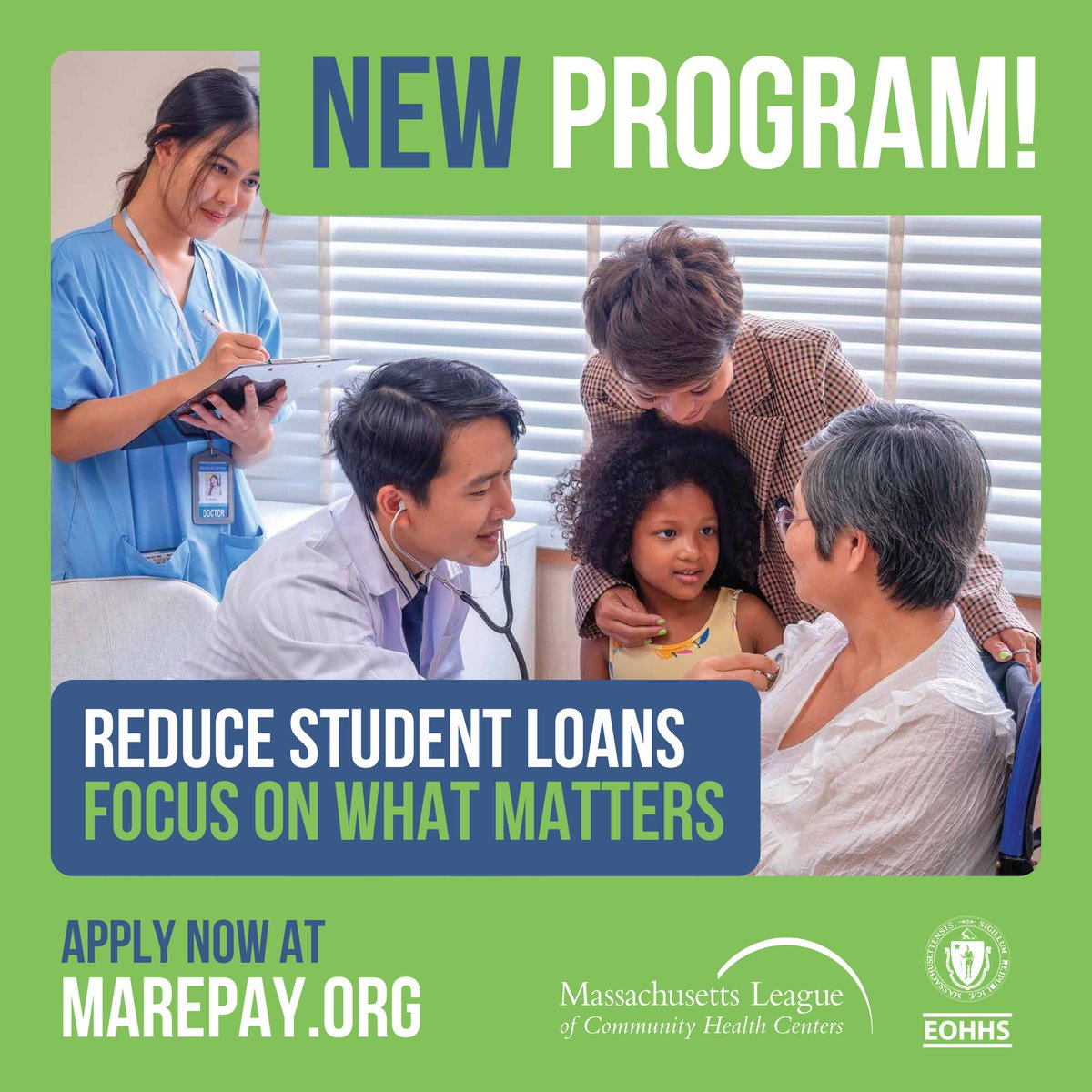 Are you a physician, PA, or APRN working in primary care? Does your organization serve at least 40% MassHealth and/or uninsured patients? 
Reduce your student debt by applying for the MA Repay: MassHealth Primary Care Student Loan Repayment Program: bit.ly/marepaypc