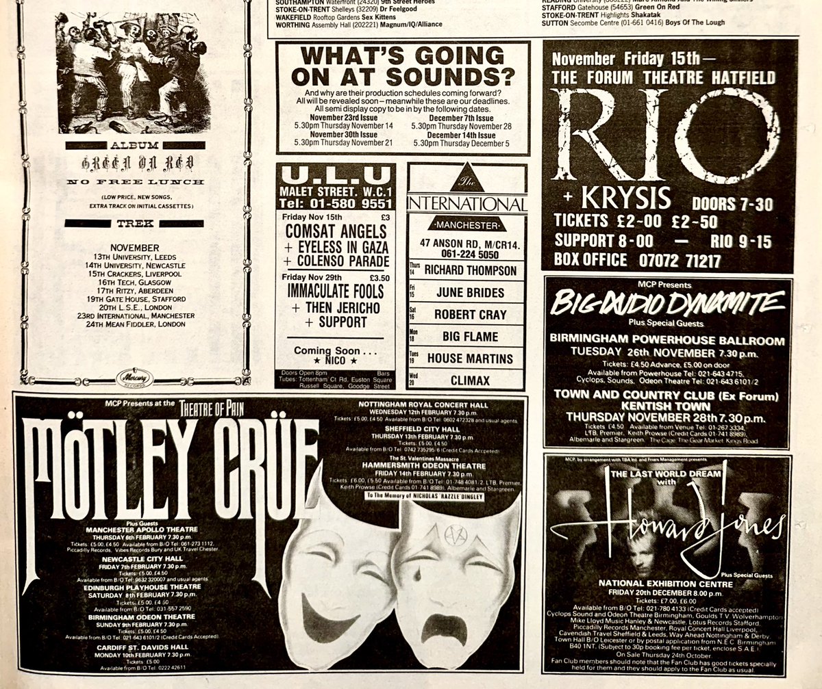 ZoundsAbound's tweet image. This week, my attention is drawn to #GreenOnRed in Newcastle, @BigAudioDyn in Birmingham, #IQ at the Marquee, #RainParade at the Tunnel &amp;amp; finally @LeeAaronMusic at the Dominium

Sounds Nov 16th 1985