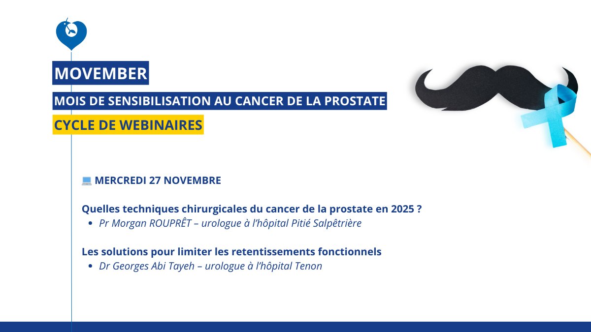 Hôpital Pitié-Salpêtrière AP-HP (@hoppitiesalpe) on Twitter photo #Movember2024 | 💻 Rendez-vous dans 1h pour le troisième webinaire de la semaine : "Cancer de la #prostate en 2025 : quelles techniques chirurgicales ? Comment limiter les retentissements fonctionnels ?"
➡️Inscription : urlr.me/nSecyK
<a href="/APHP/">Assistance Publique – Hôpitaux de Paris (AP-HP)</a> <a href="/FaculteSanteSU/">Faculté de Santé de Sorbonne Université</a> <a href="/HopitalTenon/">Hôpital Tenon AP-HP</a> #Movember2024 | 💻 Rendez-vous dans 1h pour le troisième webinaire de la semaine : "Cancer de la #prostate en 2025 : quelles techniques chirurgicales ? Comment limiter les retentissements fonctionnels ?"
➡️Inscription : urlr.me/nSecyK
<a href="/APHP/">Assistance Publique – Hôpitaux de Paris (AP-HP)</a> <a href="/FaculteSanteSU/">Faculté de Santé de Sorbonne Université</a> <a href="/HopitalTenon/">Hôpital Tenon AP-HP</a>