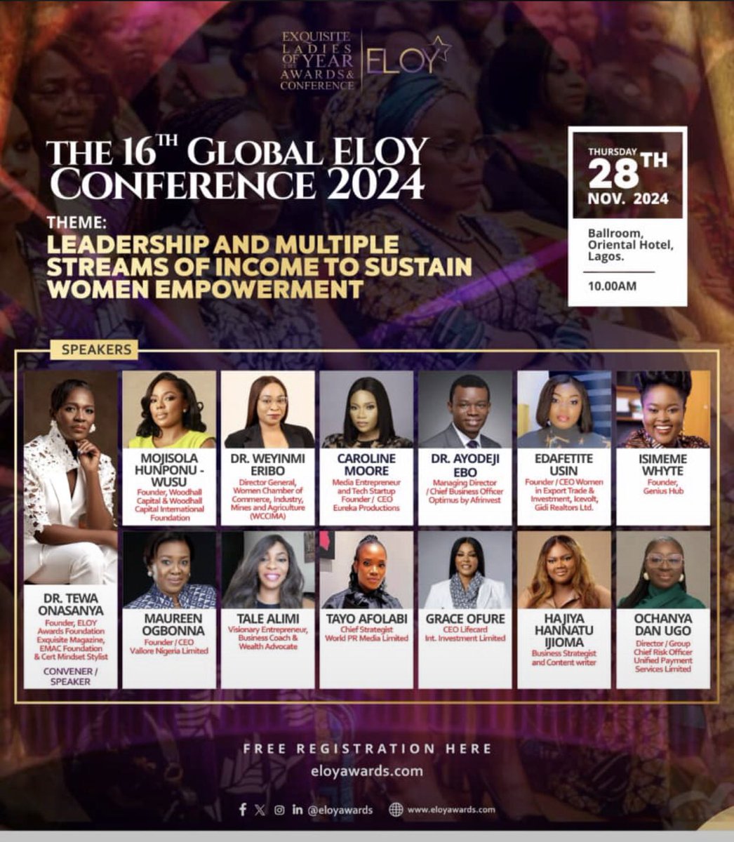eboayodeji's tweet image. Tomorrow, I will be speaking at the 16th Global ELOY Conference 2024, joining a lineup of powerful and renowned speakers.

Attendance is free! Don’t miss out—register here: eloyawards.com

#ELOYConference2024 #WomenEmpowerment #MultipleStreamsOfIncome