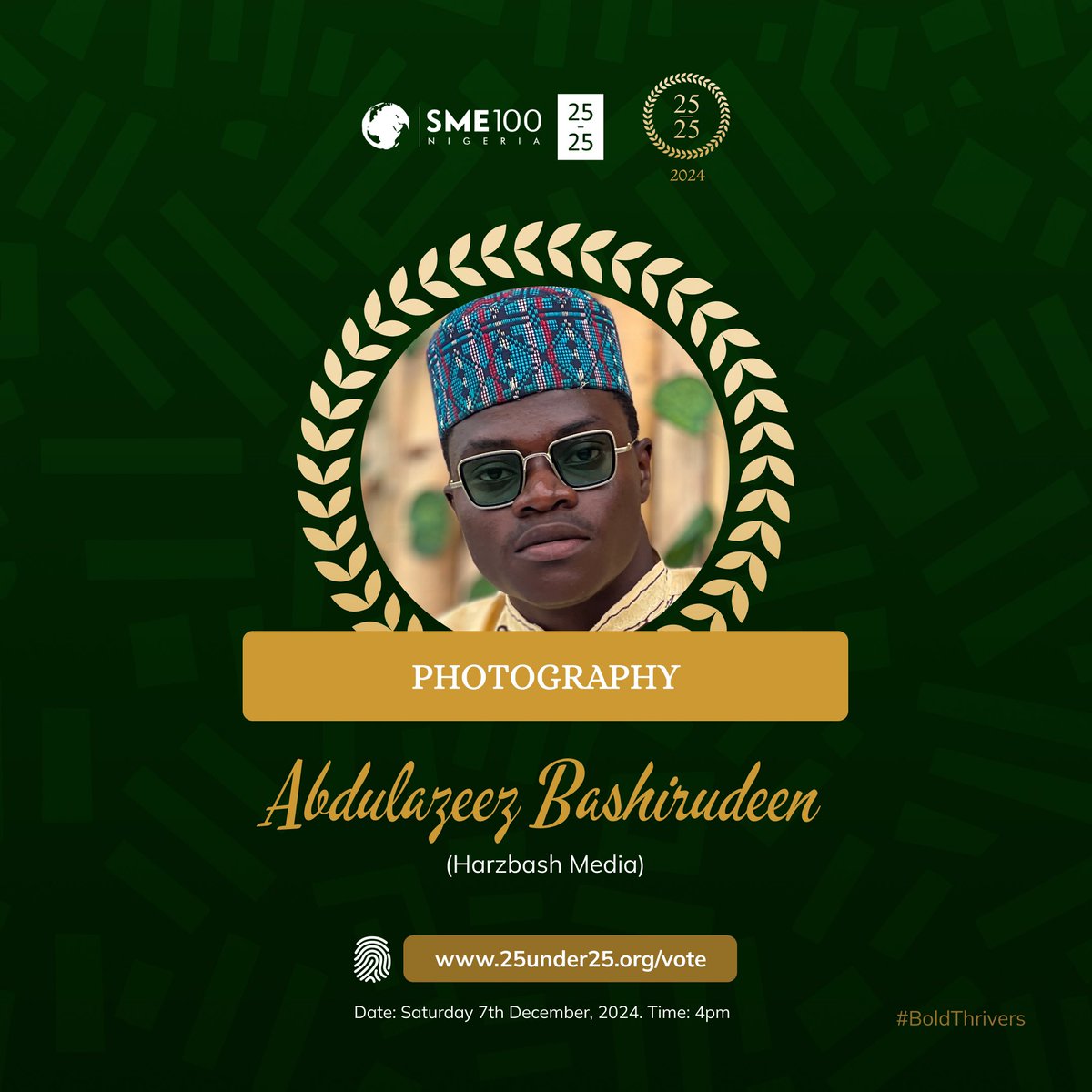 HarzBash's tweet photo. Hey guys,
I'm thrilled to announce that I’ve been nominated for the Nigeria 25Under25 Awards, Photography category!

Since voting is a key part of the selection process, your support means everything.

You can vote for me here:
https://t.co/VlZODrI9F9

Thank you for your support! https://t.co/FgEIDQUPAL
