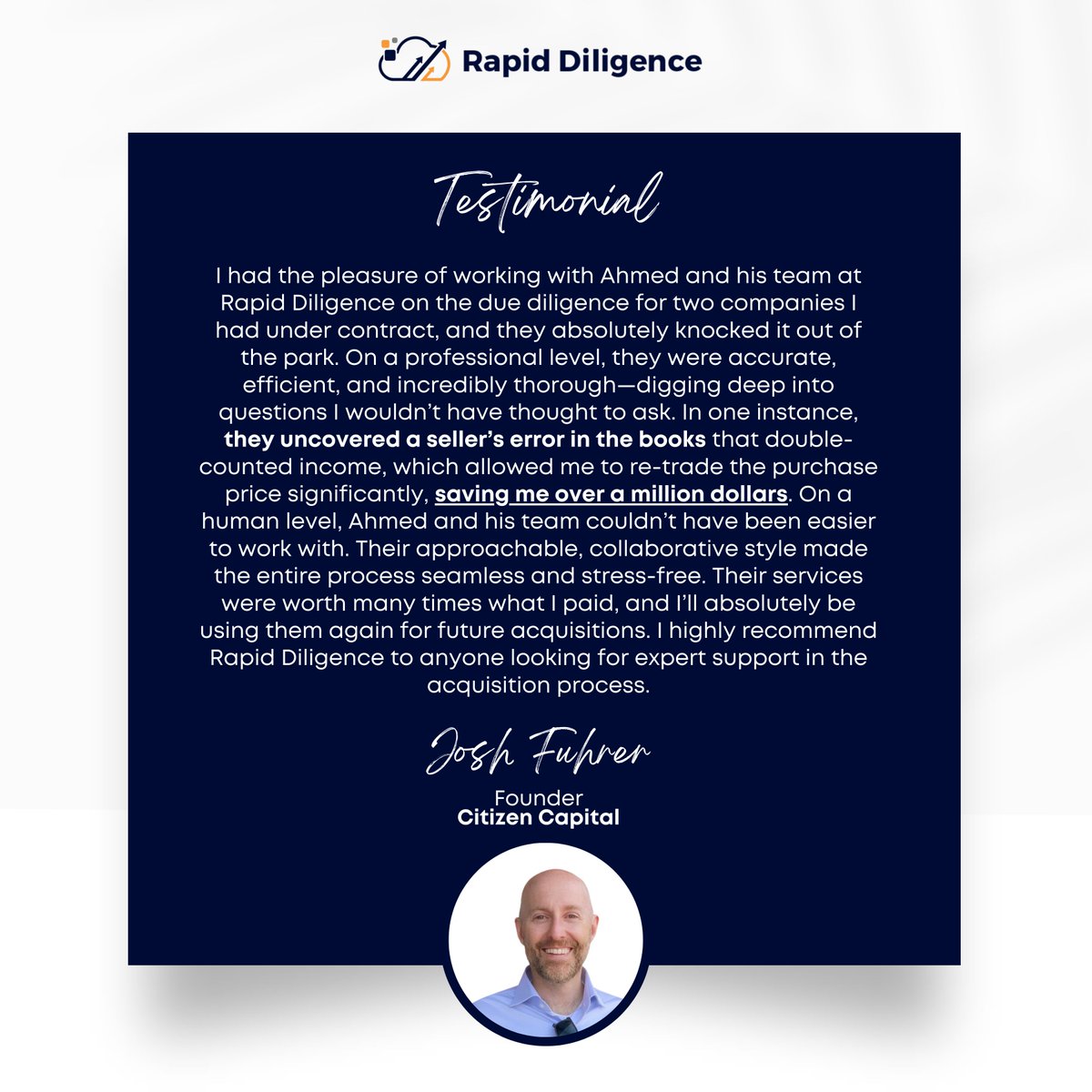 One of the toughest parts of working in corporate jobs is that sense of detachment—you don’t always feel the gratification of helping people in a meaningful way.

That’s exactly why I left mine and started Rapid Diligence. We get to help incredible, everyday people buy the #SMB