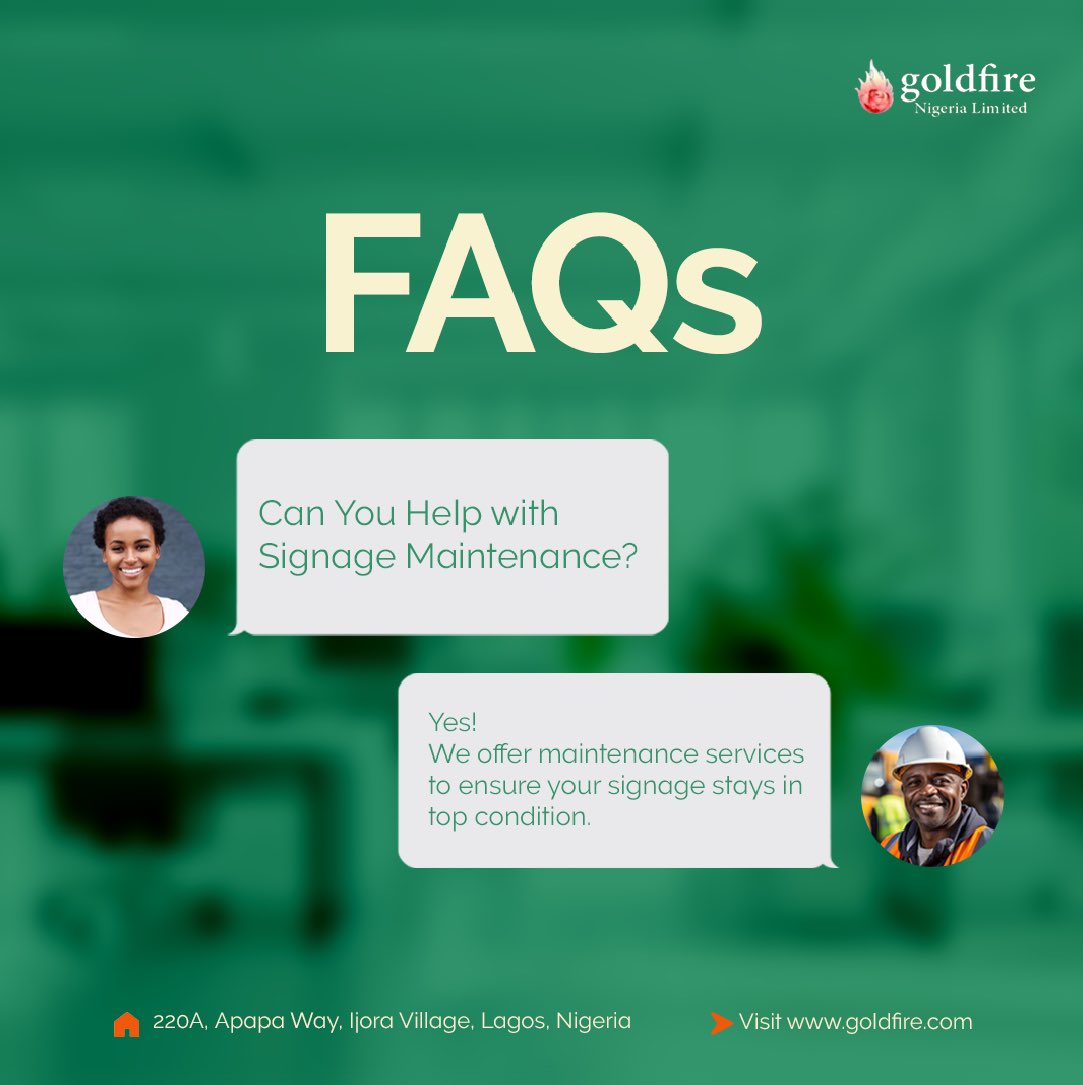 GoldfireNG's tweet image. Can you help with signage maintenance? Absolutely! We ensure your signs stay in top condition with regular upkeep and repairs. 

#SignageMaintenance #Goldfire #brandcare