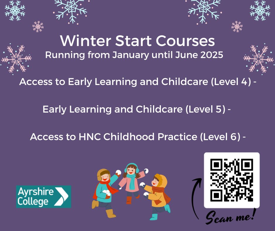 Know a winter leaver who is interested in a career in Early Years? We have a range of courses across all campus with places still available 📚👶🏼🌿🧠🍼

www1.ayrshire.ac.uk/course-search/…