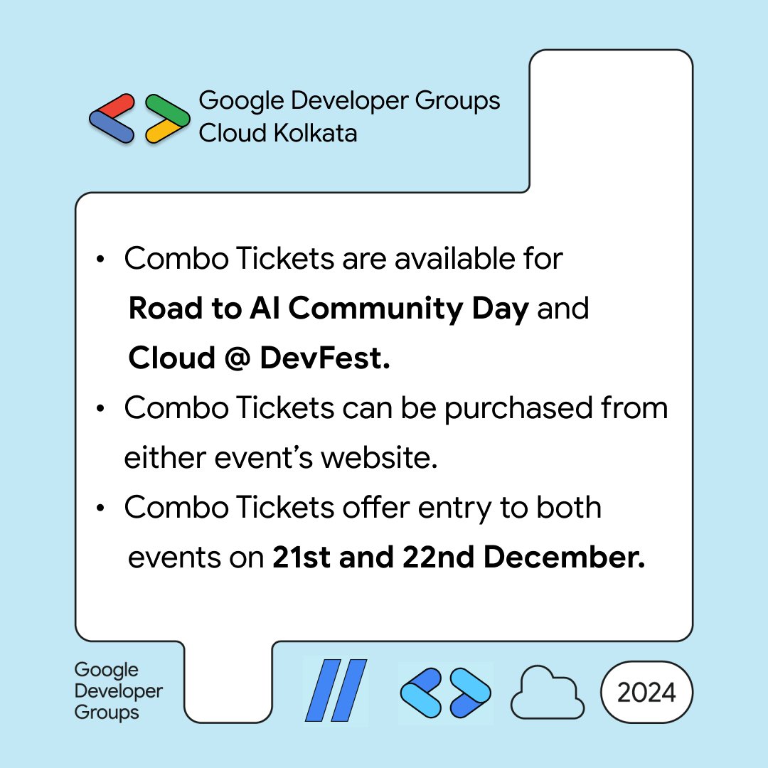 Get ready to dive into the future of tech at Cloud @ DevFest! 🤯

Grab your General Admission pass: commudle.com/fill-form/2996
OR
Level up with a COMBINED ticket! (Limited spots!): commudle.com/fill-form/3011

#cloudDevFest #gdgcloudkol #devfest #RoadToAICD