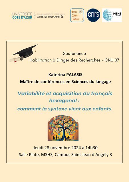👩‍🎓🎗️C’est demain!🗓️
#AcquisitionDuLangage #Syntaxe 
@MSHSSudEst <a href="/CNRS_DR20/">CNRS Côte d’Azur</a>