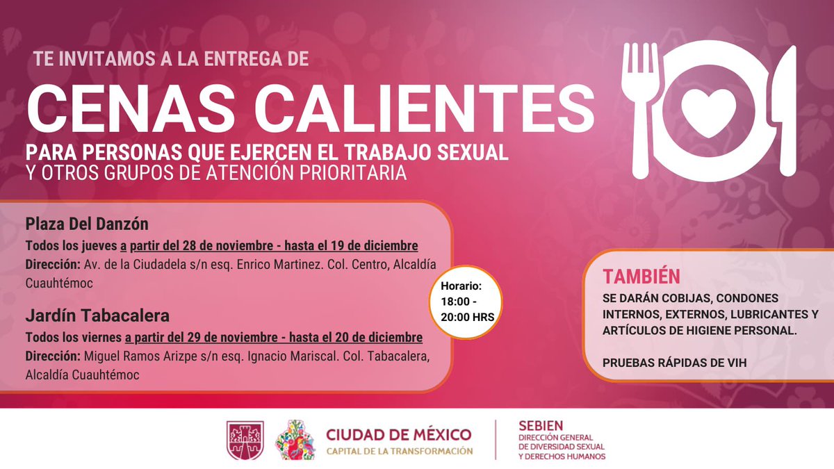 ¡Hola! 

Desde mañana iniciamos con la entrega de cenas a personas que ejercen el trabajo sexual y otros grupos de atención prioritaria en la #CDMX 

Repartiremos condones cobijas, artículos de higiene personal y pruebas rápidas de VIH. 

Ayúdenos a compartir la información.