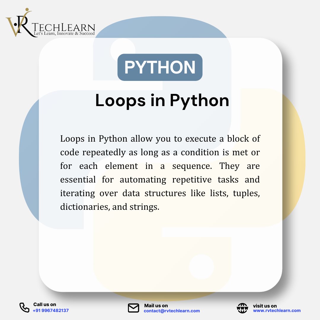 RVTechLearn's tweet image. Python Loops: Automate and iterate with ease!  
Whether it&apos;s for or while, Python loops simplify repetitive tasks.  

#Python #CodingMadeSimple #LearnProgramming #RVTechLearn #LetsLearnInnovateandSucceed