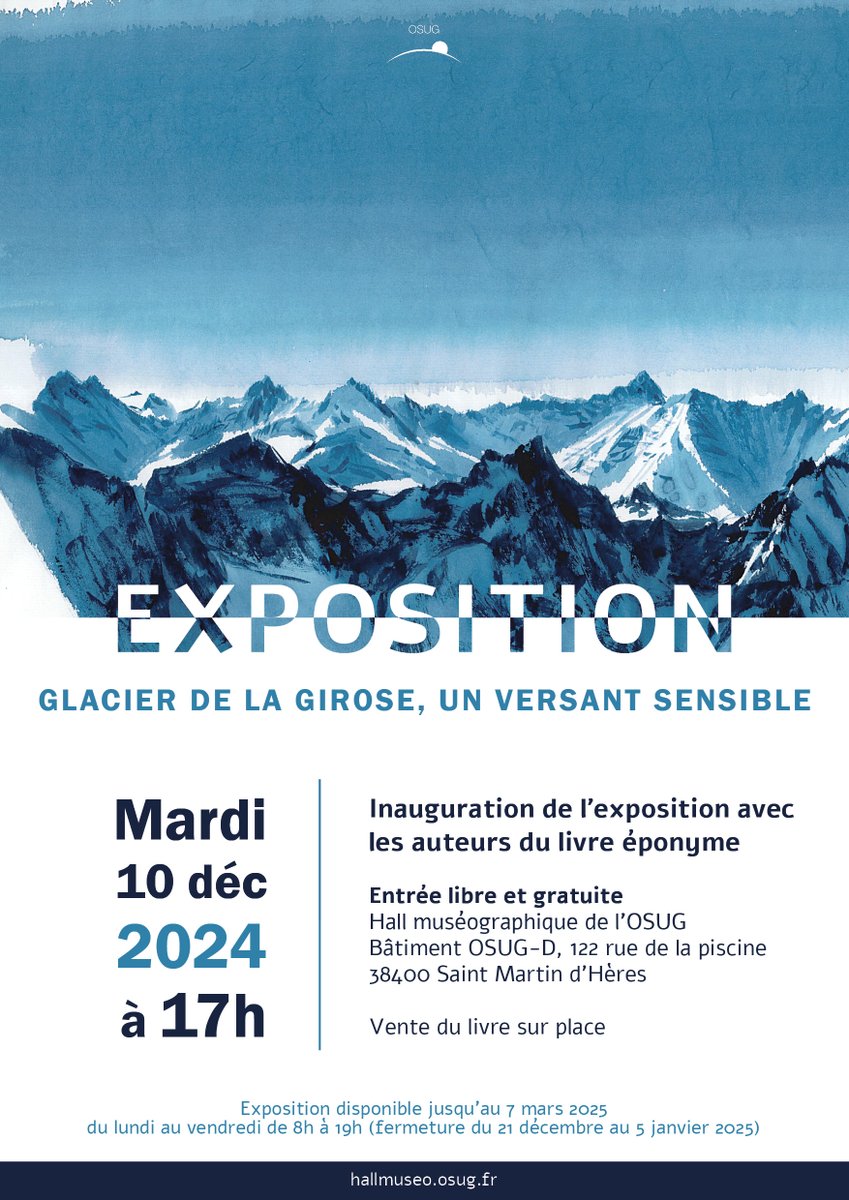 #Exposition | À l'occasion de la sortie du livre "Le glacier de la Girose, versant sensible" écrit par le collectif Rimaye, l'OSUG accueillera une expo d'aquarelles illustrant la controverse qui touche le glacier 🏔️
🗓️10 déc à 17h | Hall muséo de l'OSUG
🔗osug.fr/grand-public/r…