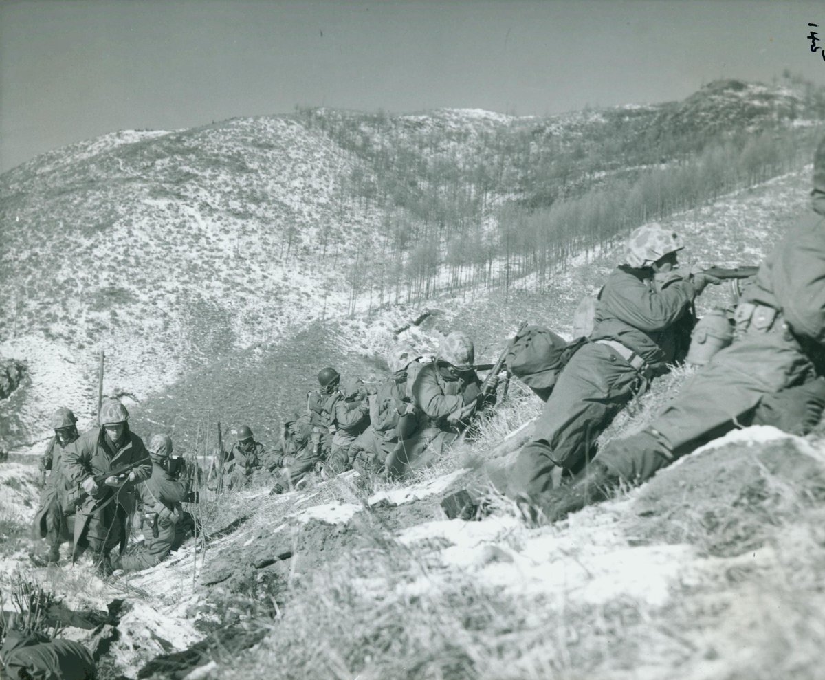 74 years ago today: Battle of the Chosin Reservoir Begins. Marines Clear a Ridge, 6 December 1950. Infantry of RCT-7 moving up a ridge to clear it of enemy. From the Oliver P. Smith Collection (COLL/213), Marine Corps Archives &amp; Special Collections. OFFICIAL USMC PHOTOGRAPH.