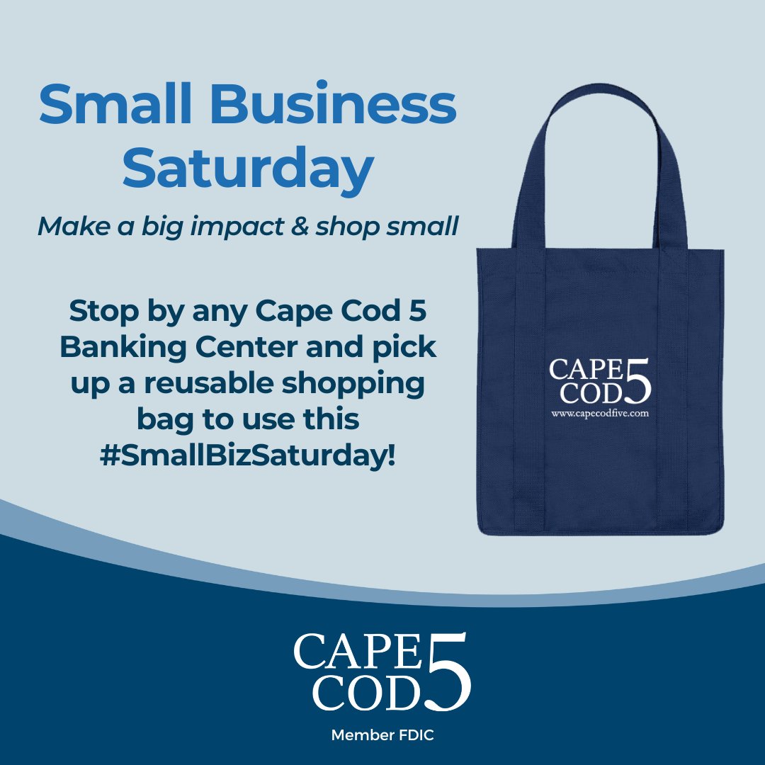 Shop small this #SmallBizSaturday &amp; all #GivingSeason long to make a big impact! Stop by any CC5 Banking Center &amp; pick up a reusable shopping bag to use this Small Business Saturday. Where will you be shopping this week? Tag your favorite local business! capecodfive.com/small-business…