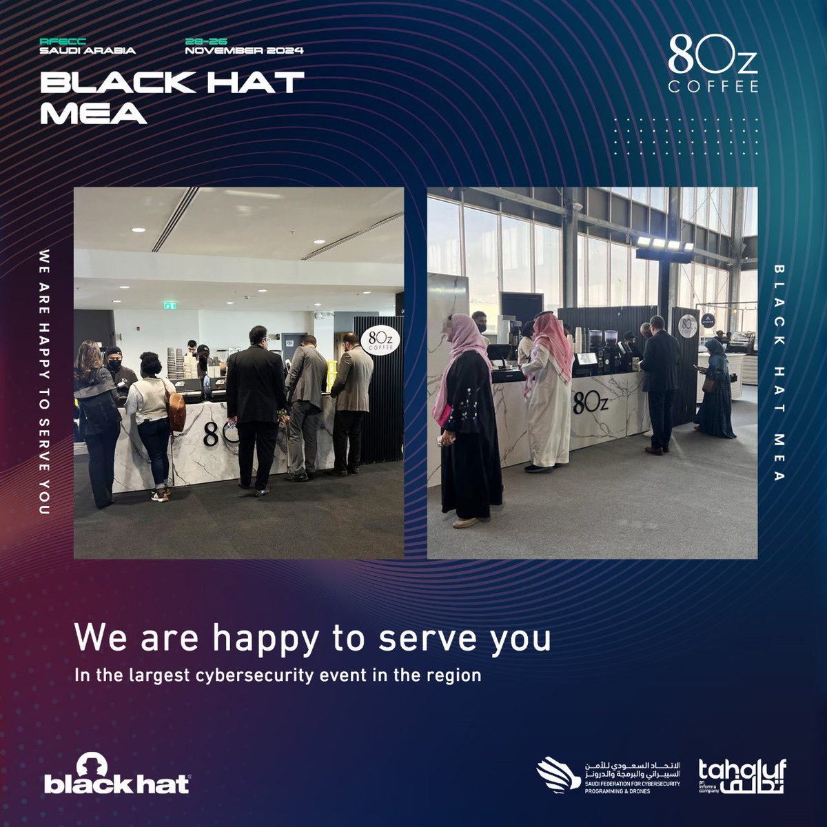 نتشرف بخدمتكـم في الحدث الاستثنائي #بلاك_هات24 ☕️
 ابتداءً من ٢٦ نوڤمبر حتى ٢٨ نوڤمبر ٢٠٢٤ ✨🤍 

#BHMEA24 #BlackHat
#ايت_اوز  
#8OzCoffee #BlackHatRiyadh #InnovationInCoffee #RiyadhEvents #CoffeeCulture #SaudiArabia