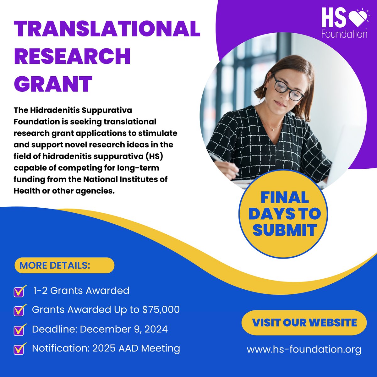🚨 Reminder! 🚨 The deadline to apply for the HS Foundation's Translational Research Grant and Danby Research Grant is just around the corner!

📅 Applications close Monday, December 9.

🔗 Apply now: hs-foundation.org/grants-and-sch…

#HSFoundation #HSResearch #GrantOpportunities