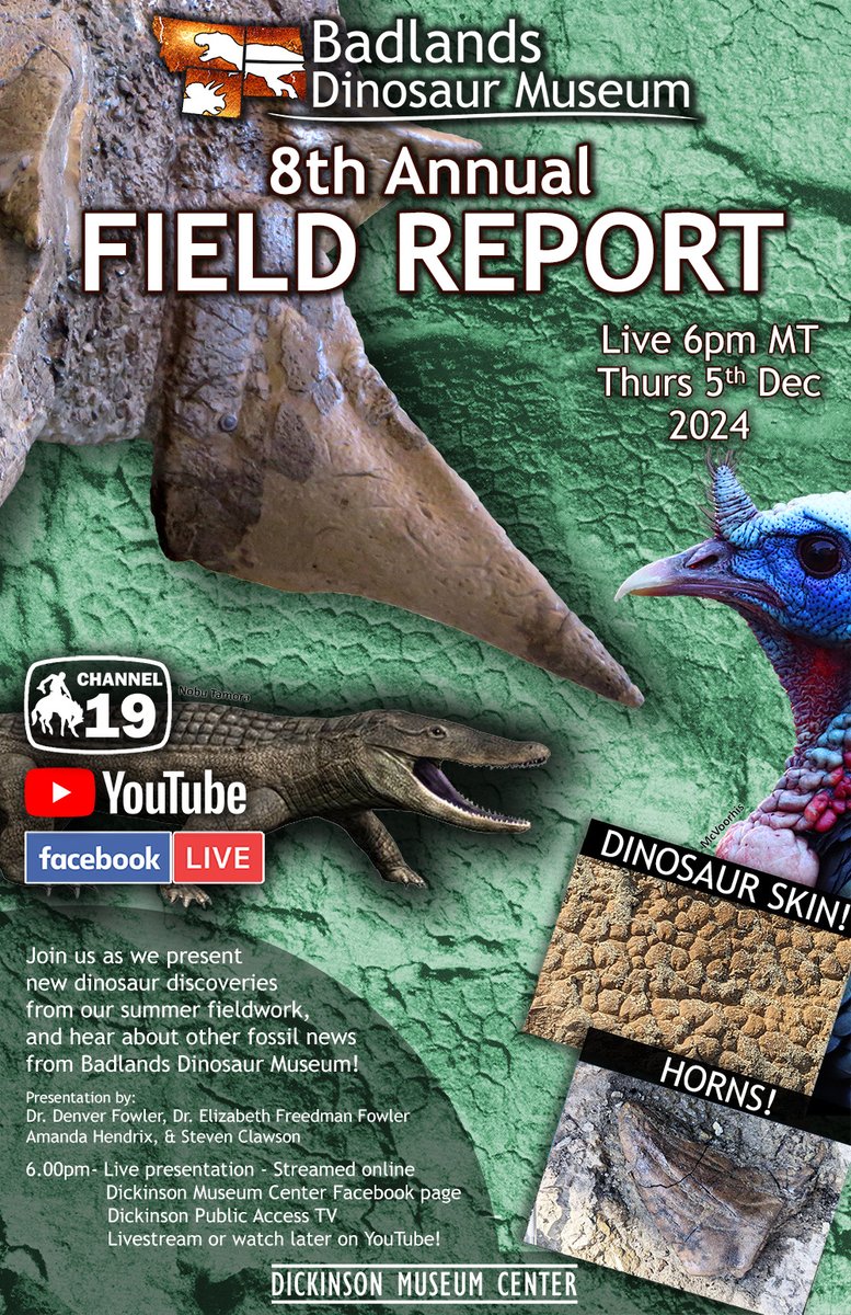 df9465's tweet photo. Please join our paleontology team for Badlands Dinosaur Museum's 8th ANNUAL FIELD REPORT where we will present some of our exciting new discoveries!
Thurs 5th Dec, 6pm MST (5pm PT/ 8pm ET).
(Link in 1st comment)
#dinosaur #dinosaurs #FossilFriday #LiveFromTheField
#scicomm https://t.co/mmH4mzAn8w