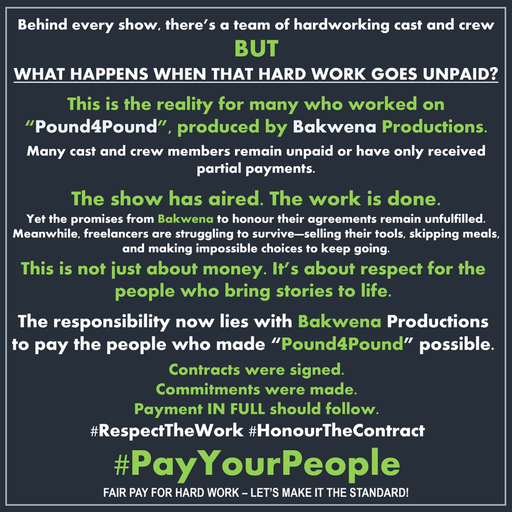 InterCityCrew's tweet image. FAIR PAY FOR HARD WORK – LET’S MAKE IT THE STANDARD!

#RespectTheWork #HonourTheContract #PayYourPeople
#CrewJustice #EndNonPayment
@bakwena_productions @saguildofactors @gaytonmck @cyrilramaphosa @bet_africa @paramountco_Africa #BakwenaProductions #KagisoModupe #RashakaMuofhe