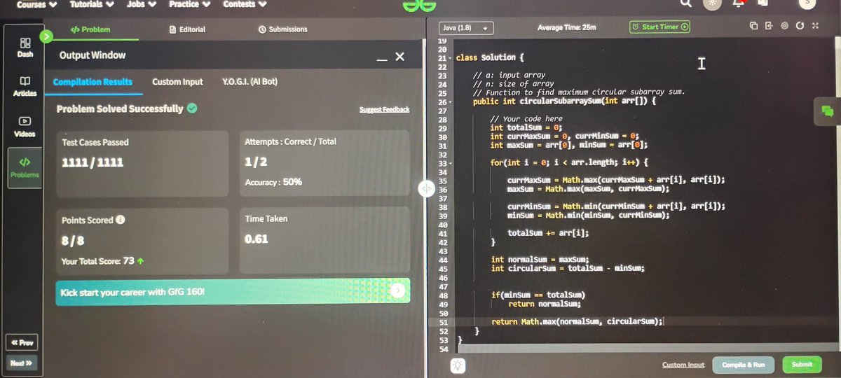 fsuleman5121's tweet photo. Daily streak: Day 10 of #gfg160, solved problem 12: Circular Sub Array
#geekstreak2024
#gfg160
@geeksforgeeks https://t.co/sTInwfAL91