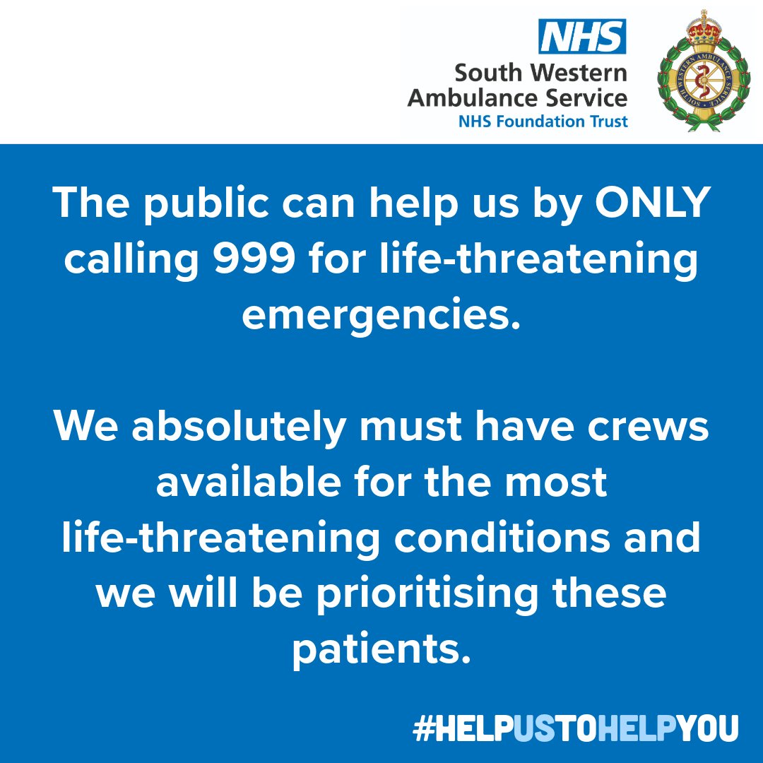 We are experiencing very high demand on our 999 emergency service across the #SouthWest area. 

Please call 111 for medical assistance and advice and only dial 999 in a genuine, life-threatening emergency.