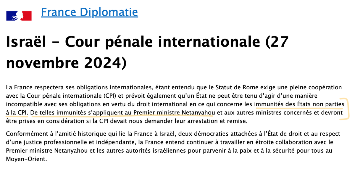 vincent-lemire.bsky.social (@v_lemire) on Twitter photo ⚠️Fausse immunité ou vraie impunité? Communiqué stupéfiant de <a href="/francediplo/">France Diplomatie 🇫🇷🇪🇺</a> sur #Netanyahu. Car le 12 nov. 2011 la #CPI a statué clairement sur ce point : "Le statut de chef d'un État non partie au Statut de Rome n'a pas d'incidence sur la compétence de la Cour (…) le droit ⚠️Fausse immunité ou vraie impunité? Communiqué stupéfiant de <a href="/francediplo/">France Diplomatie 🇫🇷🇪🇺</a> sur #Netanyahu. Car le 12 nov. 2011 la #CPI a statué clairement sur ce point : "Le statut de chef d'un État non partie au Statut de Rome n'a pas d'incidence sur la compétence de la Cour (…) le droit