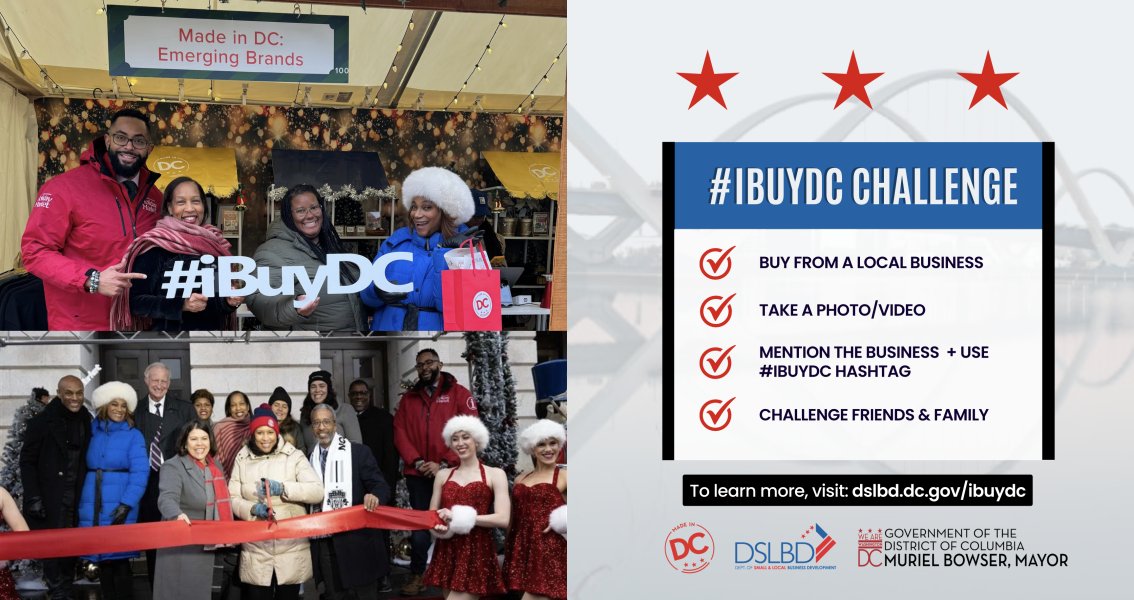 SmallBizDC's tweet photo. The holidays are here, and it’s time to #ShopSmallDC 🛍️ The annual #iBuyDC challenge kicks off this #SmallBusinessSaturday, Nov. 30 —Support DC’s small businesses by shopping local and post your finds with the #iBuyDC hashtag.➡️To join & learn more, visit: https://t.co/duDr2fbvVi https://t.co/WBqyTdVeZ5