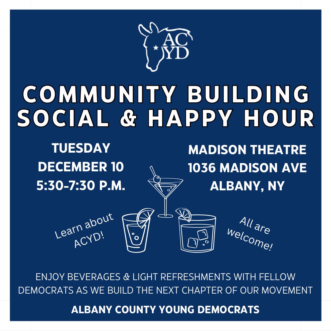 🎉 ACYD Community Building Social &amp; Happy Hour! 🥂

As we gear up to be “the resistance” for the next few years, join us for an evening of fun, networking, and recharging! Don’t miss out on the chance to connect and energize with fellow young Democrats. 

See you there! 💙✨