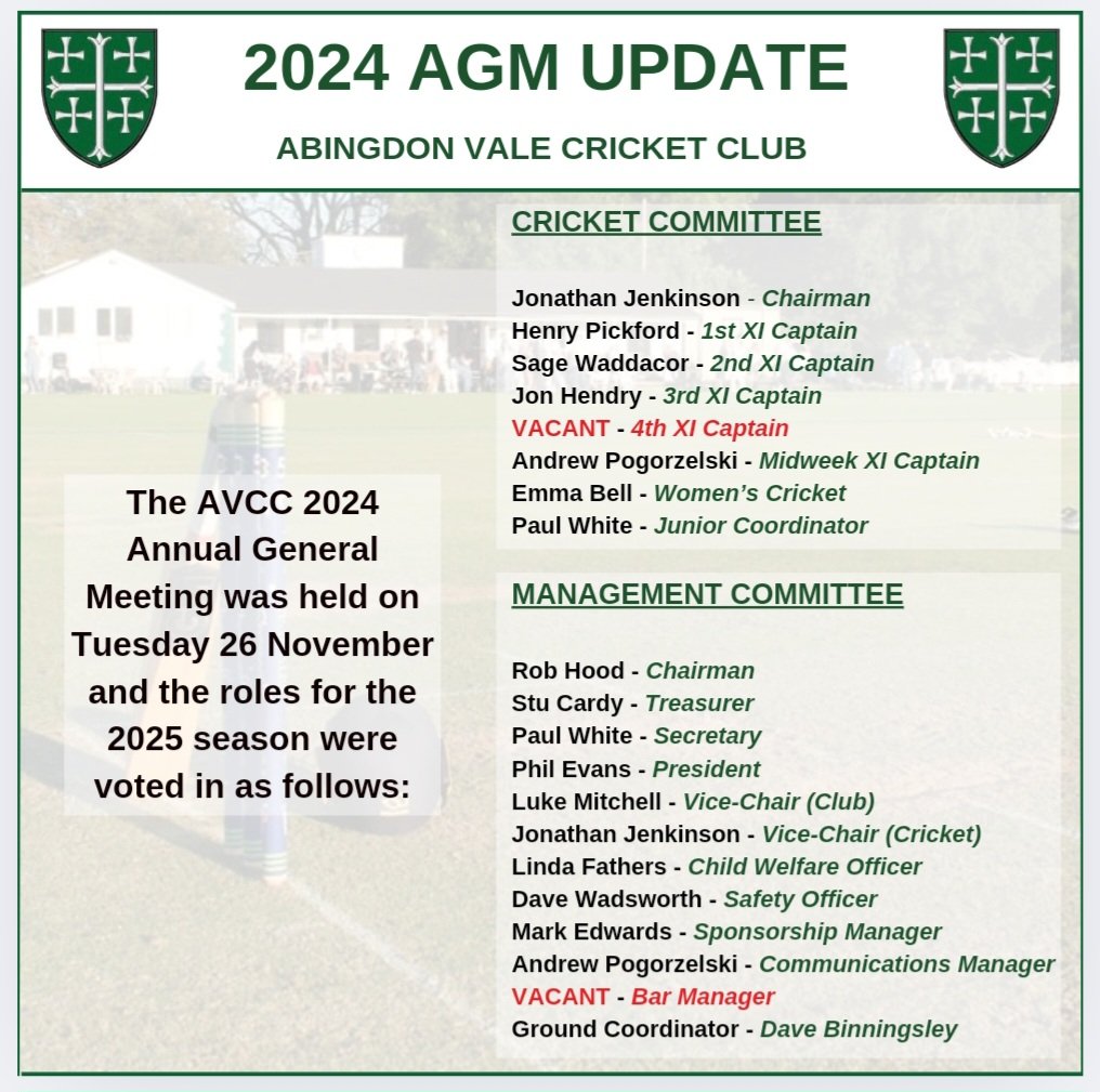 AbingdonValeCC's tweet photo. Details of our Cricket Committee and Management Committee roles for the 2025 season. 

If any of our members are interested in the vacant positions, please let us know. https://t.co/vx0KTt7nH1