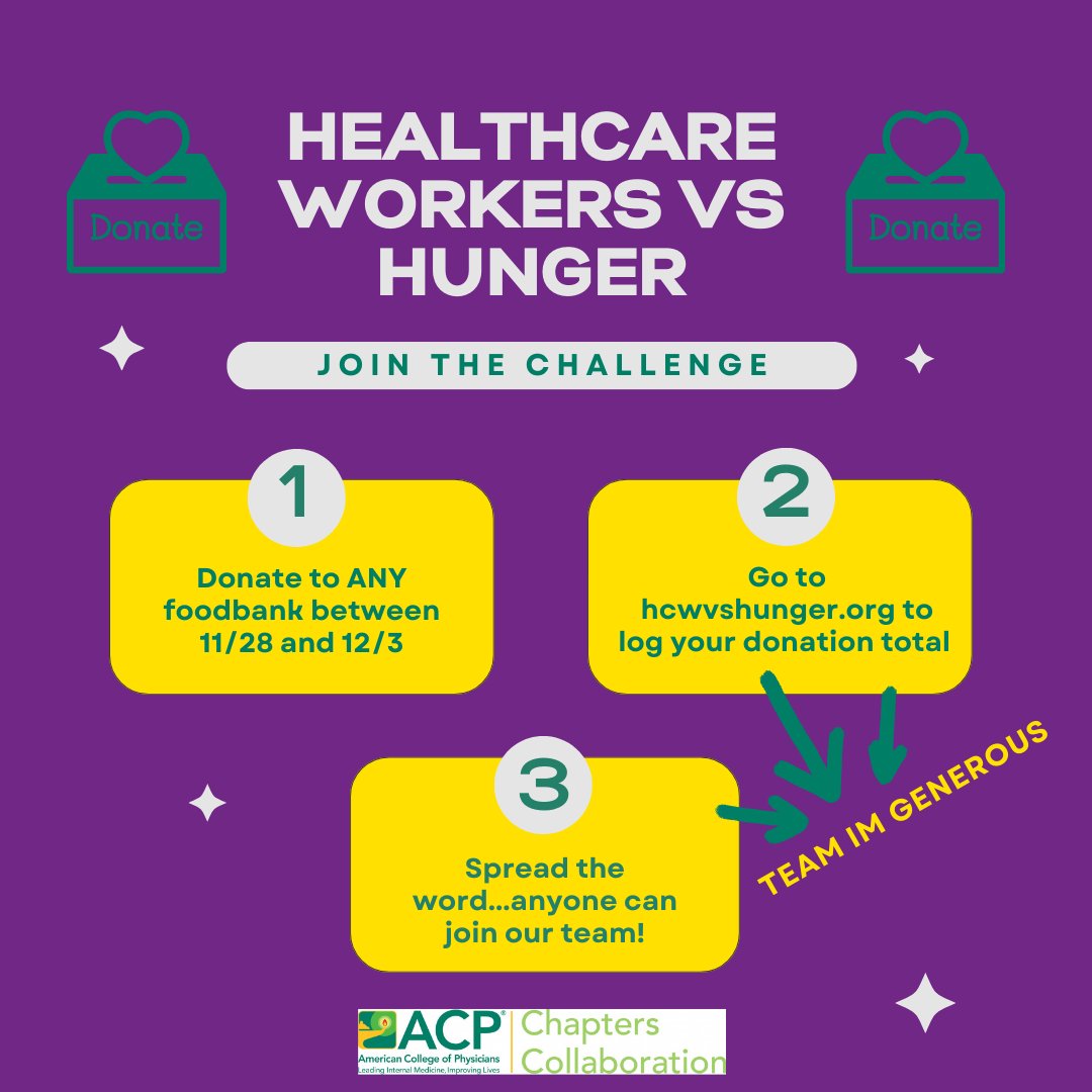 NewYorkACP's tweet photo. Join the #HCWvsHunger Challenge and help fight hunger in your community! 🥫💚💛 ACP Chapters have teamed up to compete for the trophy, but we can’t win without YOU. 💪 The power of #InternalMedicine in action!
Here’s how to join the fun:
⬇️⬇️⬇️⬇️⬇️
#IMGenerous #FightHunger https://t.co/ydDRqGp1aH