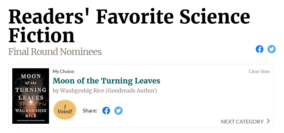 <a href="/waub/">Waubgeshig Rice</a> <a href="/goodreads/">Goodreads</a> #2024YearofReading > Voted again in the Final Round for #MoonOfTheTurningLeaves 🍁🍂🇨🇦