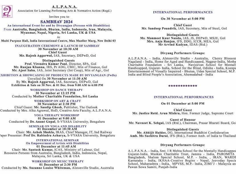 SAMBHAV 2024  International Performance Craft Workshop Yoga Seminar  Artists w Disability Australia Bangladsh Bhutan Indones Iran Malays Myanmar Nepal Nigeria Sri Lanka UK USA Delhi Gujarat Jammu Karnataka Maharashtra MP Nagaland Odisha Punjab 30 Nov 1 Dec IIC NDelhi <a href="/PMOIndia/">PMO India</a>
