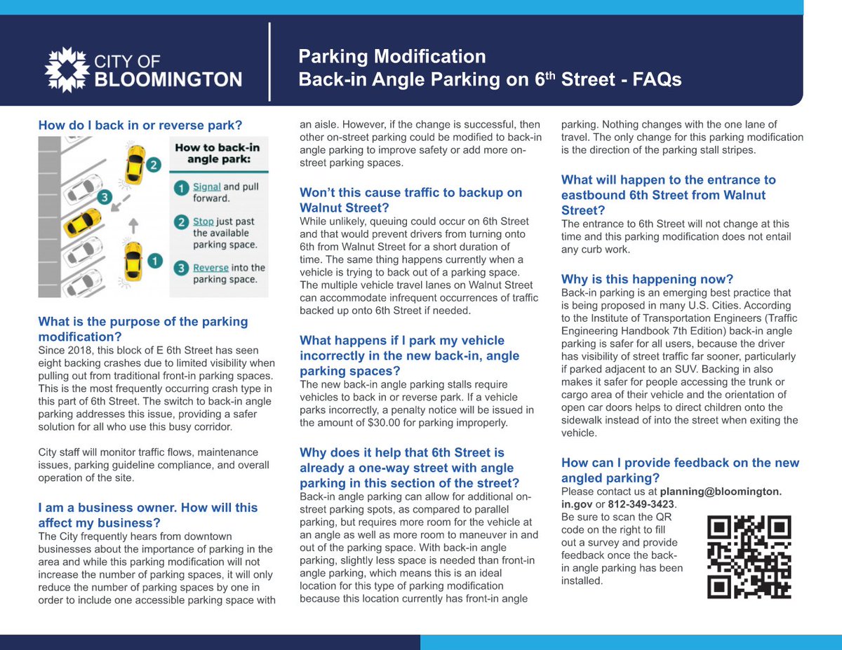 BloomPlanTrans's tweet photo. We want to hear from you! Please fill out the survey to leave your feedback on the new 6th Street back-in angle parking. Scan the QR code or find the survey here: https://t.co/JweO0HUoFD https://t.co/PSycmi86aZ