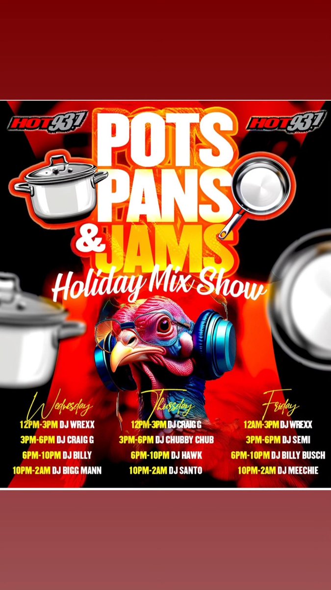 Billy Busch (@djbillybusch) on Twitter photo Today we kick off the Pots Pans & Jams Holiday mix show on @hot937fm The dream team will be rockin' live on your Rado. <a href="/DJBillyBusch/">Billy Busch</a> <a href="/DjWrexxthebeast/">Dj Wrexx 93.7</a> <a href="/DJCRAIGG/">DJ CRAIG G</a> <a href="/DJbiggmann/">C. BiggMann Hollis</a> <a href="/DJCHUBBYCHUB/">DJ CHUBBY CHUB</a> <a href="/DJHAWKRADIO/">DJ HAWK THE BYRDMAN</a> International Santo <a href="/DJMEECHIE/">DJ MEECHIE</a> <a href="/djSemi/">DJ Semi</a>
Make sure you download the Audacy app. Today we kick off the Pots Pans & Jams Holiday mix show on @hot937fm The dream team will be rockin' live on your Rado. <a href="/DJBillyBusch/">Billy Busch</a> <a href="/DjWrexxthebeast/">Dj Wrexx 93.7</a> <a href="/DJCRAIGG/">DJ CRAIG G</a> <a href="/DJbiggmann/">C. BiggMann Hollis</a> <a href="/DJCHUBBYCHUB/">DJ CHUBBY CHUB</a> <a href="/DJHAWKRADIO/">DJ HAWK THE BYRDMAN</a> International Santo <a href="/DJMEECHIE/">DJ MEECHIE</a> <a href="/djSemi/">DJ Semi</a>
Make sure you download the Audacy app.