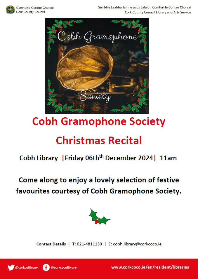 corkcolibrary's tweet photo. Cobh Library welcomes Cobh Gramophone Society for their annual festive recital on Friday 06th December at 11am. This event is a favourite in our library calendar and promises a morning full of the music and memories of Christmas past. Free event, all welcome.
#cobhlibrary
Gicn Cobh Cobh Edition S.W.E.L.S. Cobh News