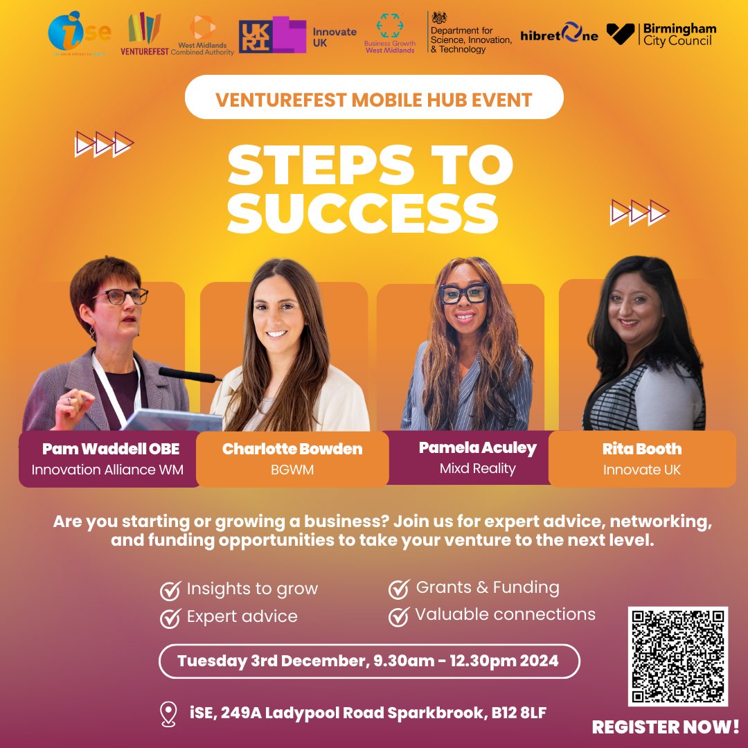 Attention #BirminghamEntrepreneurs , Come along to #Venturefest Mobile Hub: Steps to Success on 3rd Dec, 9:30AM-12:30PM at iSE.

Providing Expert advice, Business insights,  Networking opportunities and Grant funding info!

Click the link in our bio to register🥳 #WestMidlands