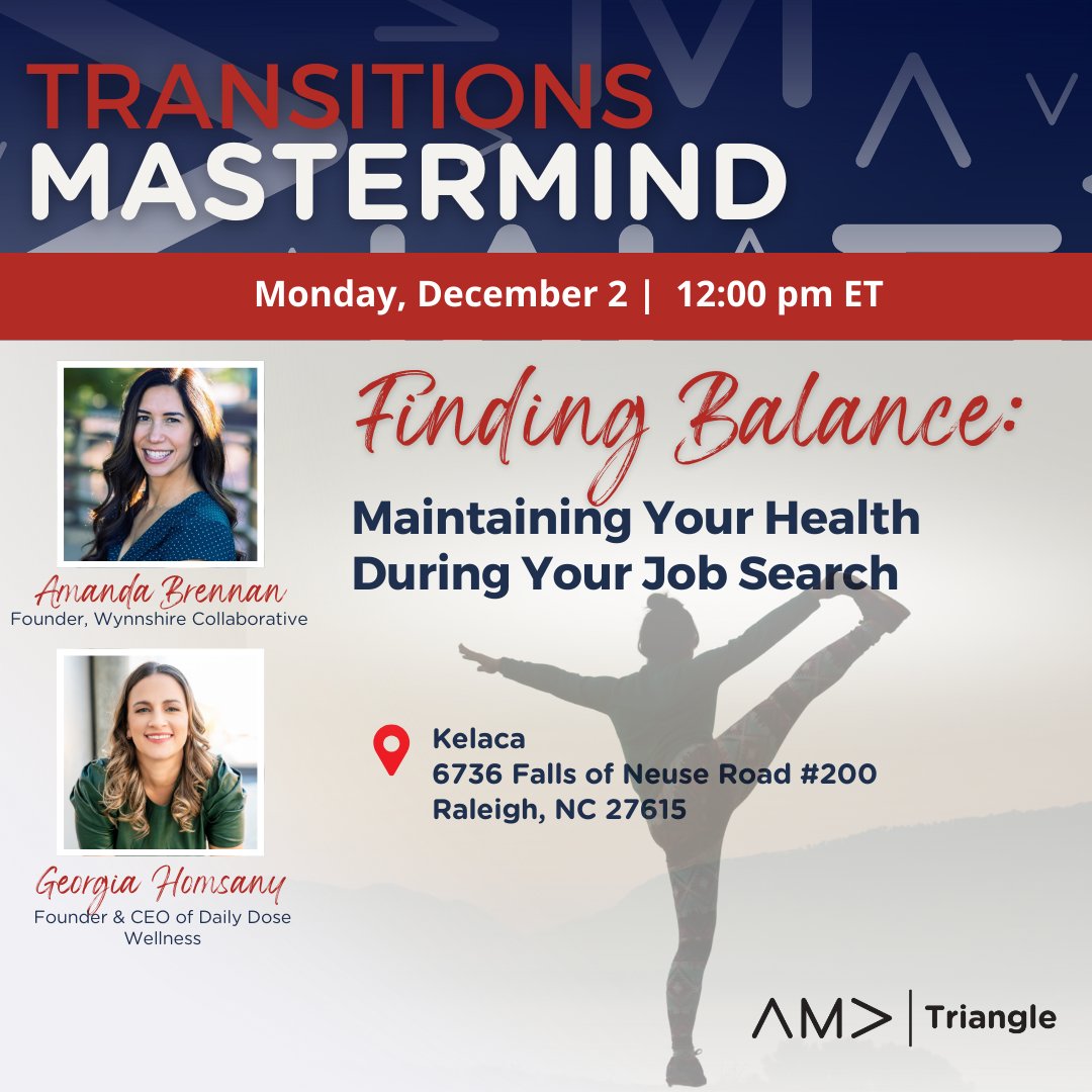 Job searching can be stressful, but your health comes first! Learn to create routines, stay energized, and prioritize relaxation while confidently navigating your job search. Register now for our next #TransitionsMastermind: eventbrite.com/e/ama-triangle…

#JobSearch  #MentalHealth