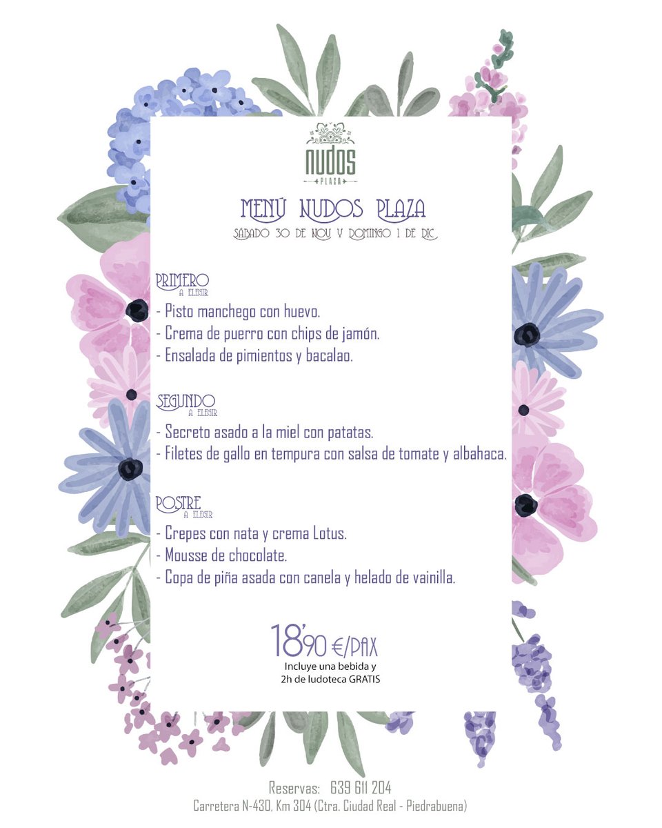 💐 Sabores que enamoran este fin de semana 💐
Si buscas un lugar especial para disfrutar en familia o con amigos, Nudos Plaza tiene preparado un menú que no querrás perderte. 
📅 Sábado y domingo
📞 Reserva tu mesa: 639 611 204
¡Haz que tu fin de semana sea inolvidable! 🌸