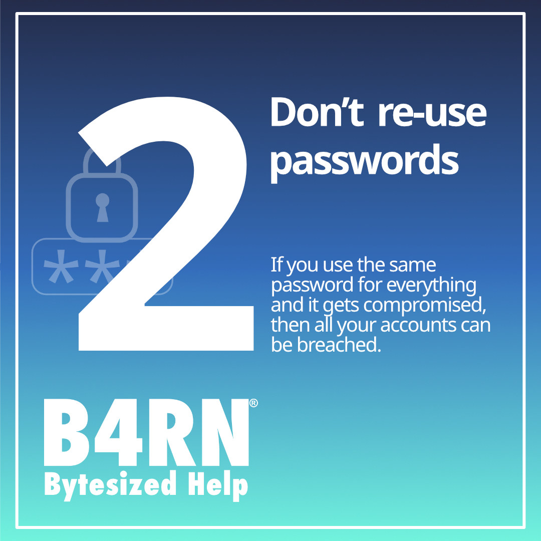 team_B4RN's tweet image. B4RN Bytsized Help 🌐 Our top tips for password security 🔒
#password #security #bytesizehelp #bytesize #help #technical #support #fullfibre #broadband #fullfibrebroadband #getinvolved #getb4rn