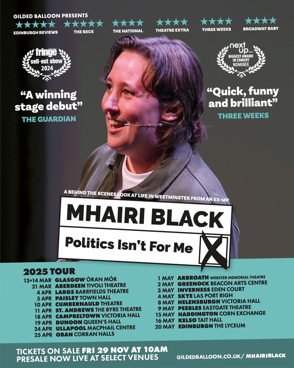 Gilded Balloon (@gildedballoon) on Twitter photo ✨ Just announced! ✨
<a href="/MhairiBlack/">Mhairi Black 🏳️🌈</a> will take her smash-hit live show on tour next Spring, providing a hilarious, first-hand, ruthlessly honest look at 21st century politics.
🎟️ Tickets on sale 10am, Fri 29 Nov
🔗 gildedballoon.co.uk/mhairiblack ✨ Just announced! ✨
<a href="/MhairiBlack/">Mhairi Black 🏳️🌈</a> will take her smash-hit live show on tour next Spring, providing a hilarious, first-hand, ruthlessly honest look at 21st century politics.
🎟️ Tickets on sale 10am, Fri 29 Nov
🔗 gildedballoon.co.uk/mhairiblack