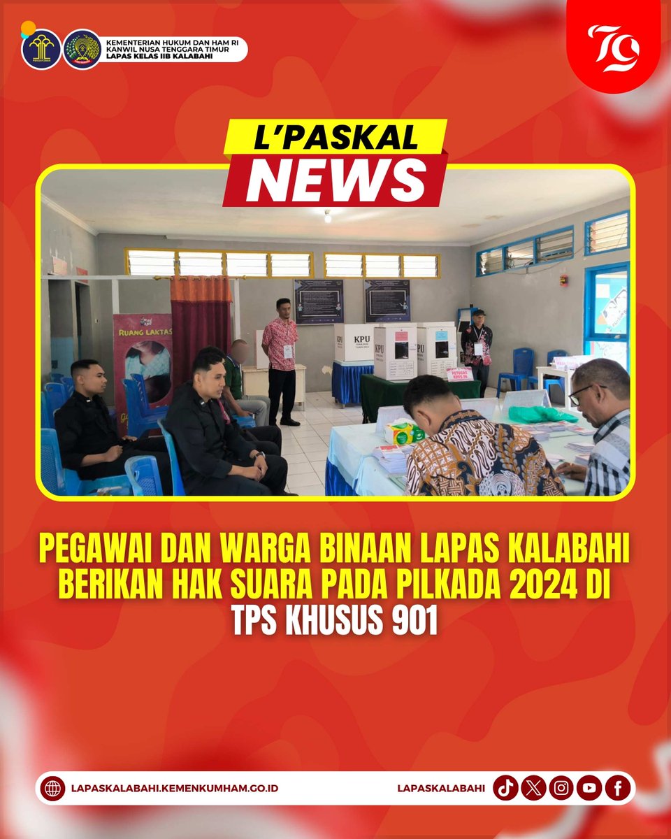 LapasKalabahi's tweet photo. Pegawai dan Warga Binaan Lapas Kalabahi Berikan Hak Suara Pada Pilkada 2024 di TPS Khusus 901
Selengkapnya:
https://t.co/hgbwl53emw
#LapasKalabahiPasti
#KumhamSemakinPASTI
#AlwaysTheBest
#ASNPilihNETRAL
~ Kemenkumham NTT
~ Kalapas Kalabahi Yusup Gunawan https://t.co/bAbztRAHT7
