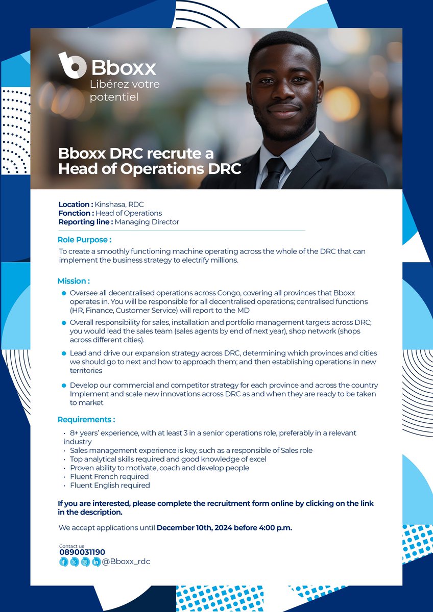 🚨 Alerte emploi ‼️

<a href="/BBOXX_RDC/">Bboxx RDC</a> recrute un Responsable des Opérations basé à Kinshasa, en République Démocratique du Congo.

Cette offre vous intéresse ?

Postulez ici : lnkd.in/dfFazS4K

Date de clôture : 10 décembre 2024 à 16h00.

#SolarEnergy #Emploi #opportunities