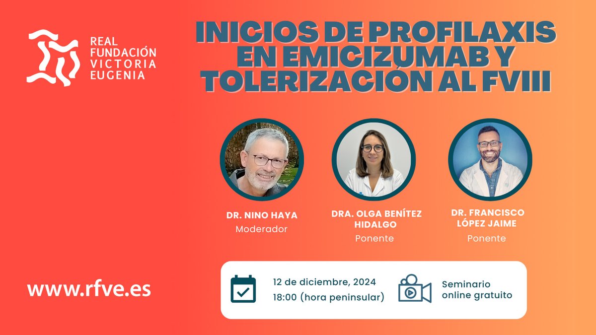 SETH Trombosis y Hemostasia (@seth__oficial) on Twitter photo Webinar: «Inicios de Profilaxis en Emicizumab y Tolerización al FVIII», organizado por la <a href="/RFVE_hemofilia/">Real Fundación Victoria Eugenia</a>
👨⚕️Dr. Nino Haya, <a href="/IISLaFe/">IIS La Fe</a>
👩⚕️Dra. Olga Benítez, <a href="/oBenitez6/">Olga Benítez</a>, <a href="/Hemato_Vhebron/">Hematologia - Hospital Universitari Vall d'Hebron</a>
👨⚕️Dr. Francisco López, <a href="/franlopezjm/">Francisco J. López Jaime</a>, <a href="/_ibima/">IBIMA Plataforma BIONAND</a>
🗓️ 12 de diciembre de 2024
🔗 Inscripción Webinar: «Inicios de Profilaxis en Emicizumab y Tolerización al FVIII», organizado por la <a href="/RFVE_hemofilia/">Real Fundación Victoria Eugenia</a>
👨⚕️Dr. Nino Haya, <a href="/IISLaFe/">IIS La Fe</a>
👩⚕️Dra. Olga Benítez, <a href="/oBenitez6/">Olga Benítez</a>, <a href="/Hemato_Vhebron/">Hematologia - Hospital Universitari Vall d'Hebron</a>
👨⚕️Dr. Francisco López, <a href="/franlopezjm/">Francisco J. López Jaime</a>, <a href="/_ibima/">IBIMA Plataforma BIONAND</a>
🗓️ 12 de diciembre de 2024
🔗 Inscripción
