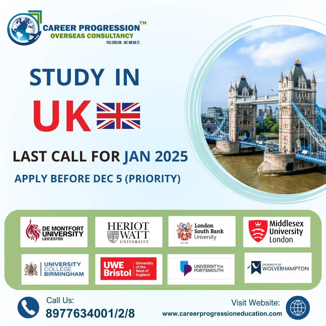 CareerProgress1's tweet photo. Last Call for January 2025 Intake - Study in the UK ๐
๐ Contact: 8977634001/2/8
๐ Visit: https://t.co/yJTjM7yrfh
#StudyInUK #UKUniversities #January2025Intake #OverseasEducation #CareerProgression #HigherEducation #StudyAbroad #StudyGoals
#CareerprogressionVizag https://t.co/TjqdDqtJec