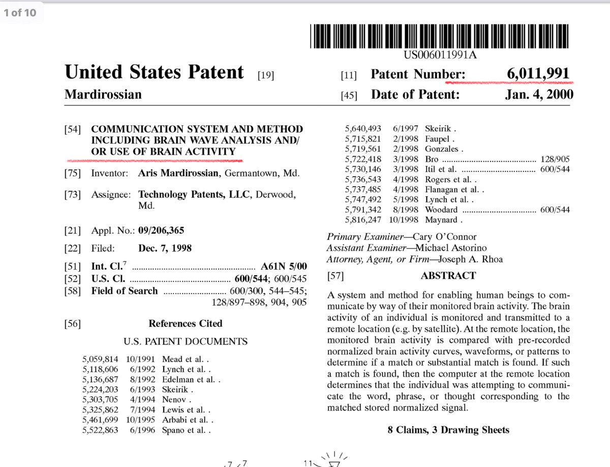 ItsAllATheatre's tweet image. US Patent #Patent6011991A: Communication System &amp;amp; Method Including Brainwave Analysis and/or Use of Brain Activity. #BehaviorMonitoring #ThoughtControl #RemoteMonitoringofHuman #BehaviorAnalysis To wirelessly transmit brain pattern to determine thought/emotion &amp;amp; CAUSE a reaction.