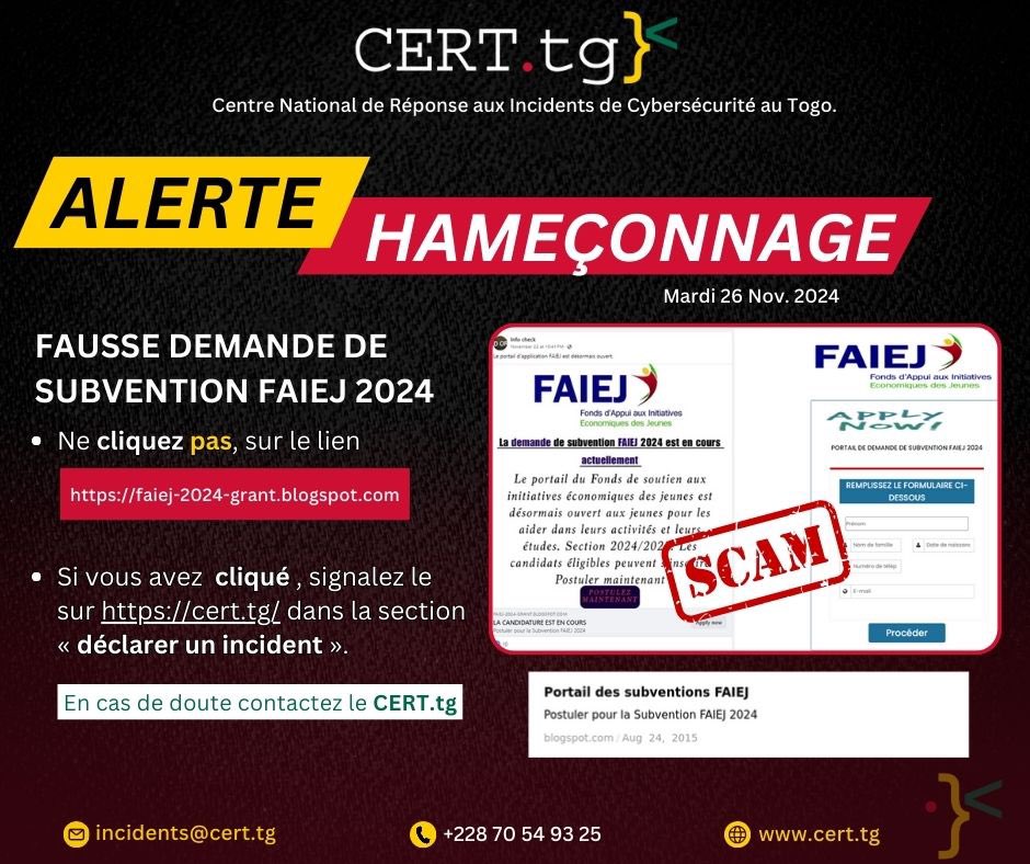[Alerte hameçonnage]

De faux messages suivis de liens, circulent sur Internet et les réseaux sociaux (Facebook, WhatsApp, TikTok…) informant le public de s'inscrire en ligne pour obtenir une subvention du <a href="/faiejtogo/">faiejtogo</a>.

NE CLIQUEZ PAS SUR LES LIENS !!!