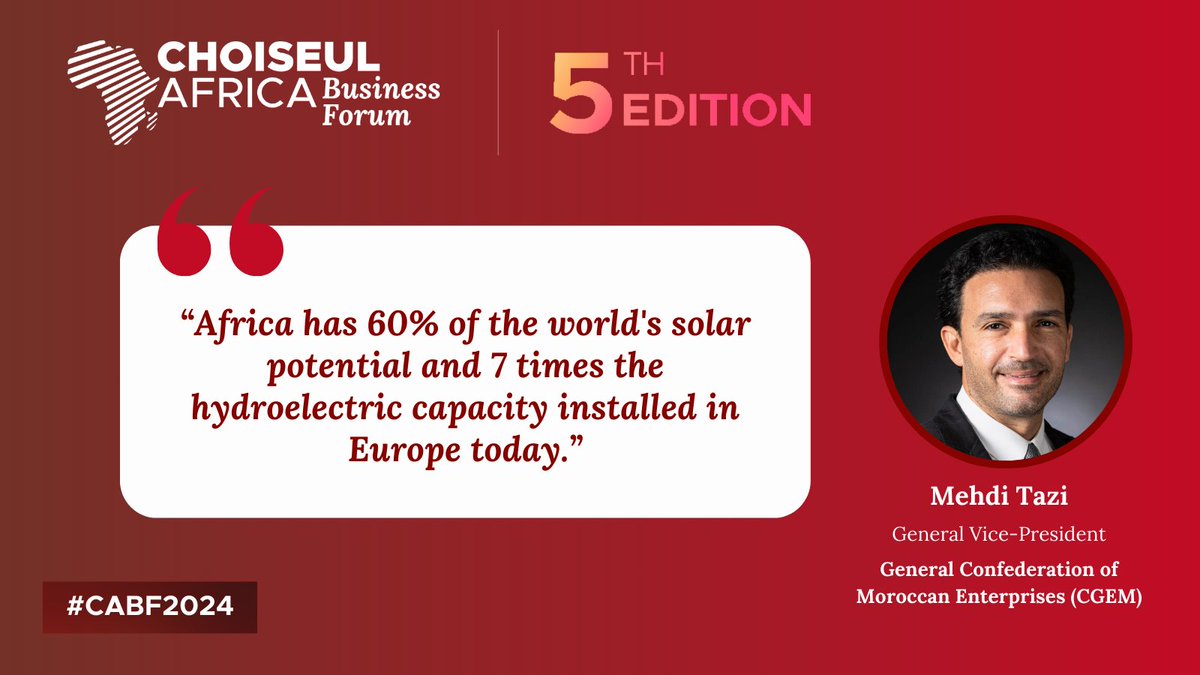 « L’Afrique est la solution aux grands enjeux du monde. Avec 60 % du potentiel solaire mondial et 7 fois la capacité hydroélectrique installée en Europe, notre continent est incontournable pour relever les défis climatiques. » — <a href="/Mehditaz/">Mehdi Tazi</a>, VP <a href="/CGEM_MA/">CGEM</a> .
🌍 L’Afrique, au cœur des