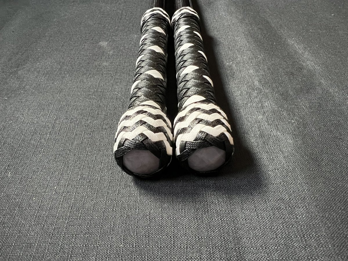 AlphaWhips's tweet photo. Custom order. A matched pair of prototype hybrid bullwhips. 15 inch handles with 5ft 16 plait Dacron thongs. 
Two plaited bellies finished with a Dyneema falls. https://t.co/wwCyZA9Ife