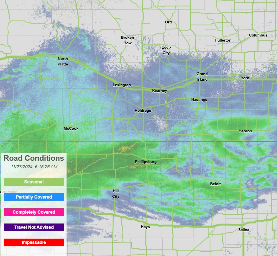 6:25am Wednesday: Light mix of precipitation persists across southern parts of the area, but there have not been any reports of impacts to roads yet. #NEwx #KSwx