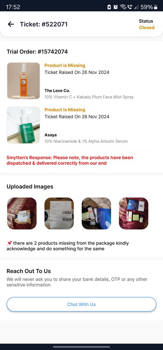 nikhil_joon's tweet photo. @GetSmytten are you guys scammers kindly help me you have closed the request to look into this i have not recieved the products and you guys said you dispatched correctly i will take this to all social media platforms or help me with this and give my points back https://t.co/3iUx717GyG