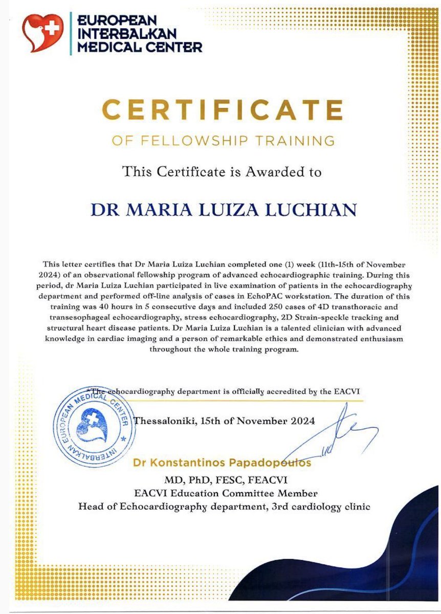 LuchianLuiza's tweet photo. 🎉 Thrilled to have completed a week-long advanced 3D #EchoFirst training with the incredible cardiac imaging expert @papadocardio
A fantastic program that’s helping me refine my skills for improved patient care. @escardio @EACVIPresident #EACVIHIT @bwgnici @YoungCardioBE https://t.co/swJ9vrQGBh