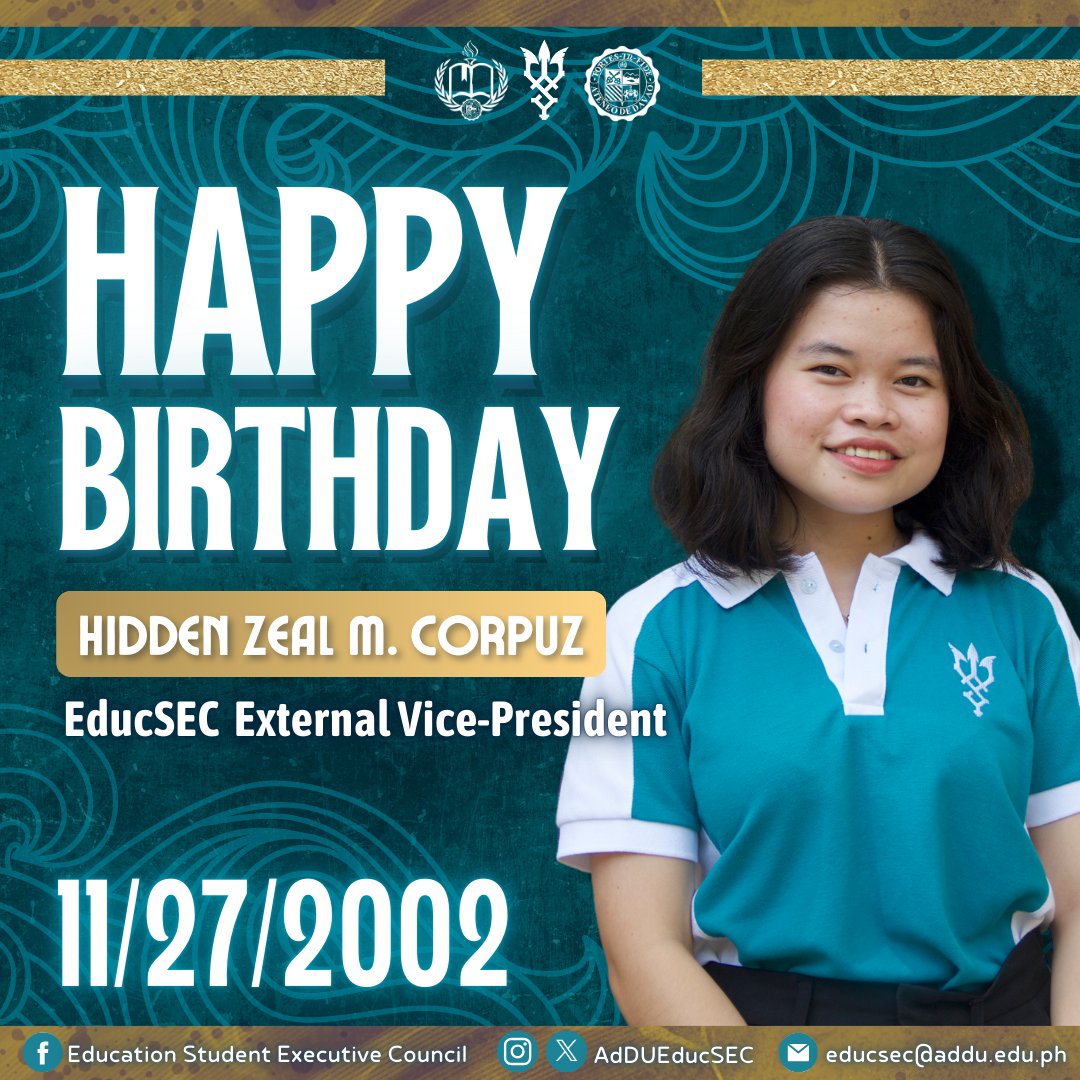 AdDUEducSEC's tweet photo. The EducSEC wishes a happy birthday to 𝐌𝐬. 𝐇𝐢𝐝𝐝𝐞𝐧 𝐙𝐞𝐚𝐥 𝐌. 𝐂𝐨𝐫𝐩𝐮𝐳, our amazing External Vice President.

Your leadership inspires us all—may this year bring you even more success and joy!

#KingoftheSeas 🔱 https://t.co/31VrohYhgl