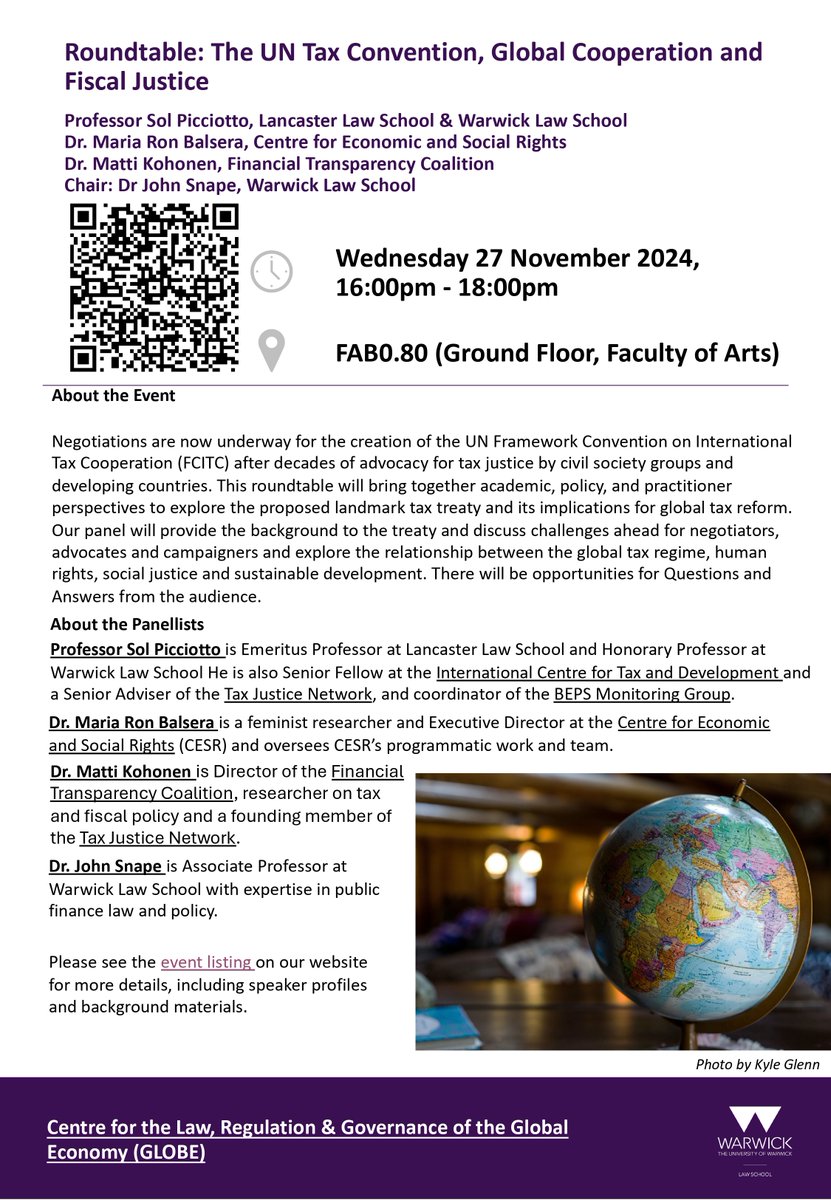 📢🌍 Join us TODAY for our roundtable on the UN Framework Convention on International Tax Cooperation. Discussing global tax reform, human rights, and sustainable development with leading experts.🗓️4-6 PM, Warwick Uni 🎉 Festive drinks &amp; canapés reception! warwick.ac.uk/fac/soc/law/re…