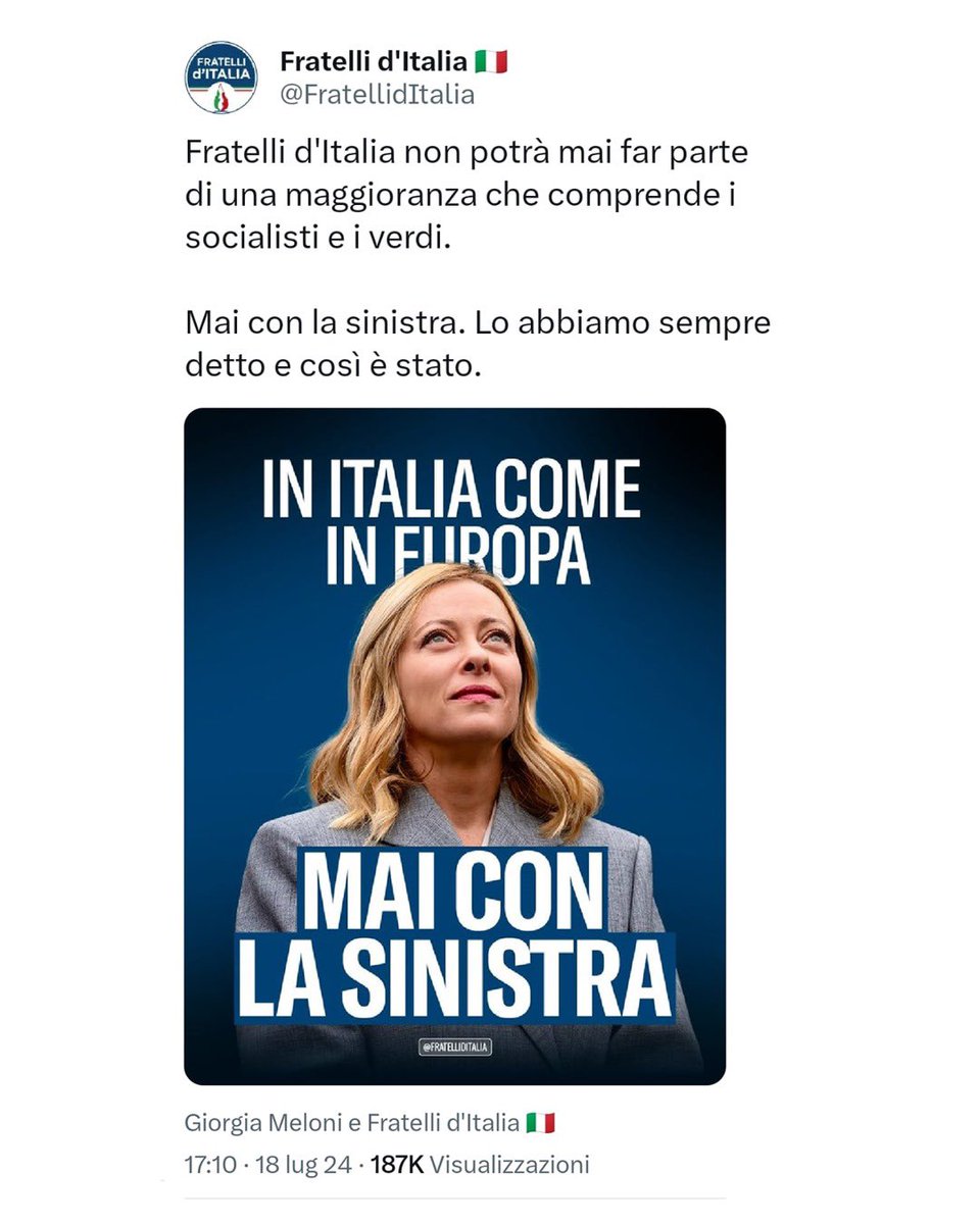 GiuseppeConteIT's tweet photo. Post invecchiato malissimo.  

Meloni aveva detto “mai con la sinistra a Roma e a Bruxelles” e invece oggi ha votato con il centrosinistra a favore della Commissione Von der Leyen. Ha tradito gli elettori.

Il M5S mantiene l’impegno solenne preso alle elezioni: abbiamo votato NO a questa Commissione europea, che punta sugli investimenti in armi anziché sulle emergenze di persone e imprese con l’acqua alla gola. 

Per chi non vuole capire: questo vuol dire essere progressisti, essere indipendenti.